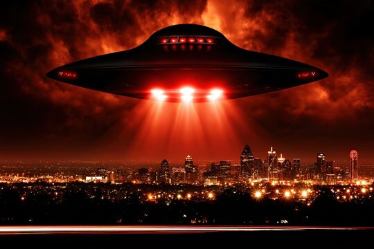 UFO invasion over city skyline with dramatic red lights and spaceship