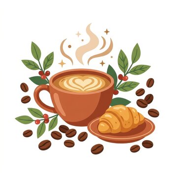 Coffee cup with croissant and coffee beans illustration