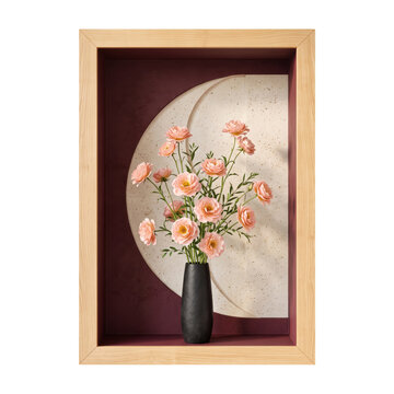 Beautiful pink flowers in a black vase displayed inside a wooden frame on a wall isolated on transparent background