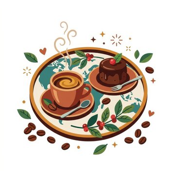 Coffee cup and cake on world map tray
