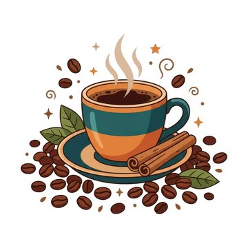 Hot coffee cup with beans on white background
