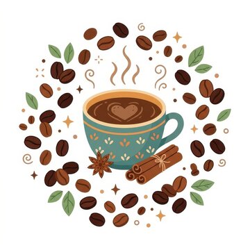 Cup of coffee with coffee beans wreath