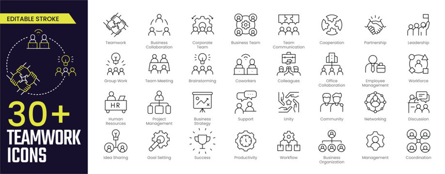 Teamwork Stroke icon collections. Containing Teamwork, Collaboration, Team, Business Team, Team Communication, Cooperation, and Partnership icons. Editable Stroke icon collection Outline icon