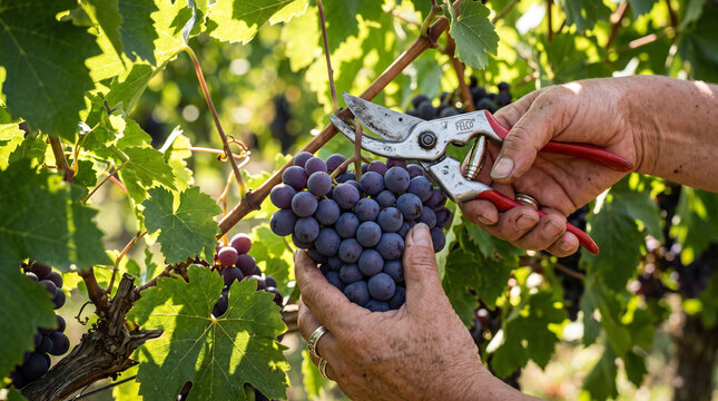 Hands picking ripe grapes during harvest season in vineyard  