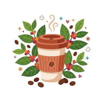 Coffee cup with coffee beans and leaves illustration