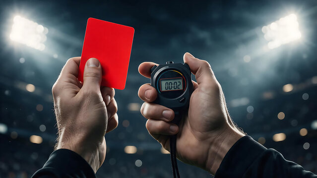 A football referee holds a red card in one hand and a classic digital stopwatch showing "00:02" in the other. The backdrop is a sports stadium.