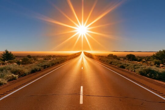 Endless asphalt road vanishing point sunset sunburst cinematic view