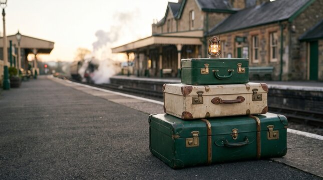 Vintage luggage stacked on a train station platform at sunset  
