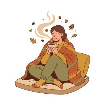 Woman wrapped in blanket drinking hot coffee in autumn