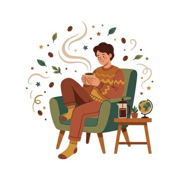 Man drinking coffee in armchair on transparent background