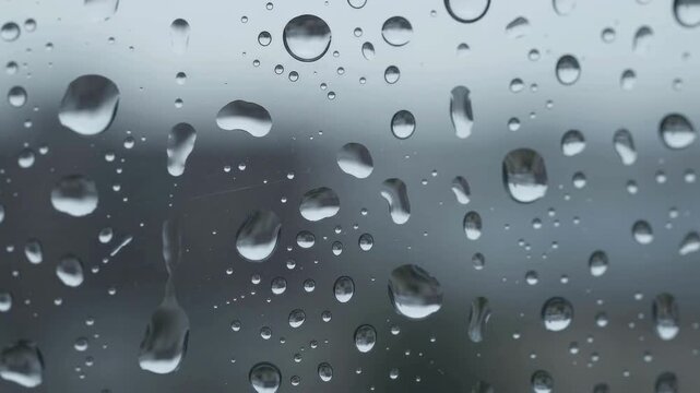 Raindrops on a window pane during a cloudy and gloomy day.
