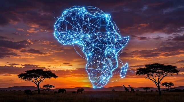 Glowing digital map of africa composed of network nodes and connecting lines against a sunset landscape with technology continent connection internet