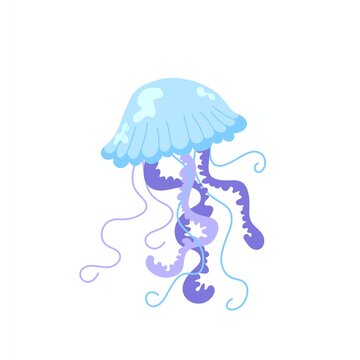 a cute blue and purple jellyfish with flowing tentacles against a white background cartoon illustration
