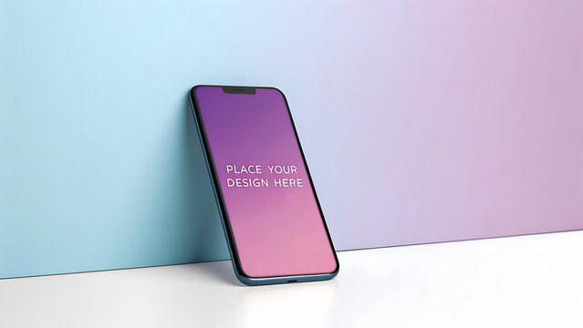 Modern smartphone mockup leaning against a soft pastel gradient background with copy space