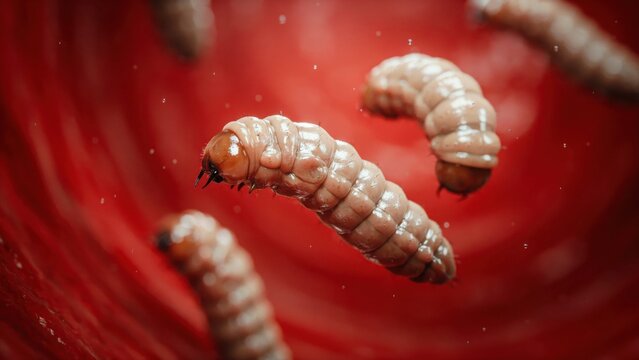 Microscopic parasitic larvae crawling inside deep red biological tissue captured with high detail macro lens photography