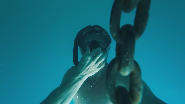 Person dives along the chain of the anchored sailing boat, underwater view of the diver with mask
