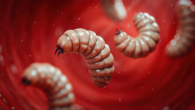 Microscopic brown parasite larvae floating inside a deep red biological environment with soft cinematic lighting