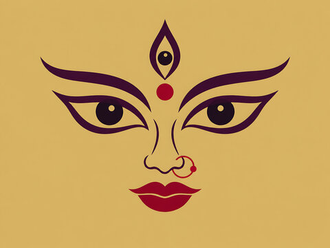 Minimal goddess durga face with expressive eyes and red bindi symbolizing durga puja and mahalaya celebration in elegant traditional indian illustration design