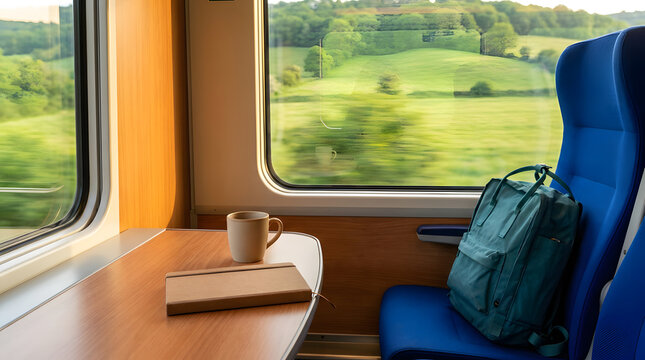 A peaceful view from a train window showing a green countryside landscape with a blue seat, a backpack, a notebook, and a warm cup of coffee on a wooden table during a relaxing morning travel journey