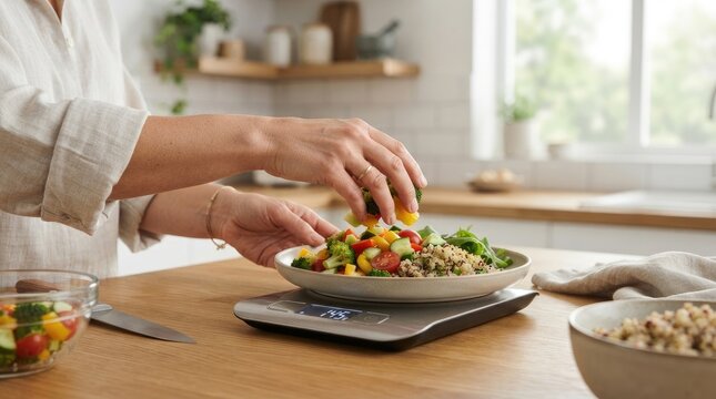Person preparing a healthy meal by weighing fresh vegetables and quinoa on a digital kitchen scale for portion control