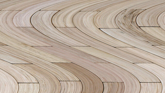 Abstract light brown wood parquet flooring texture background with heavily distorted horizontal sweeping curved panels
