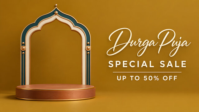 Durga puja mahalaya festive sale banner with elegant teal cream arch podium golden details and warm mustard background for celebration promotion design