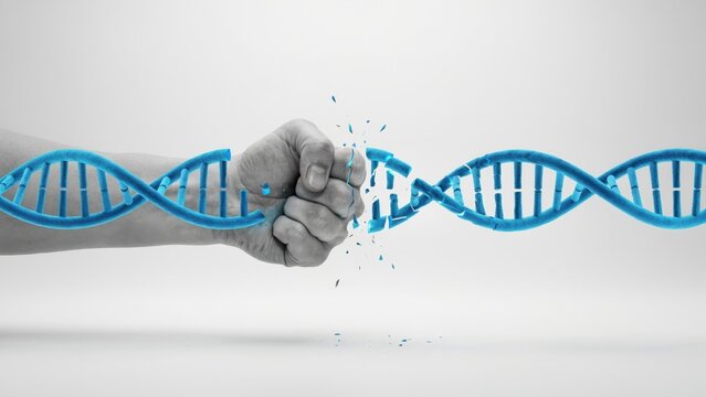 Human fist breaking apart blue digital dna double helix chain in bright minimalist studio white background
