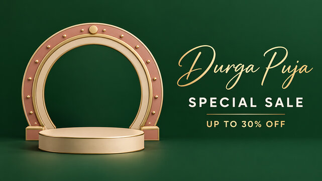 Durga puja mahalaya luxury sale background with circular golden arch podium rose accents and deep green festive promotional banner design template celebration