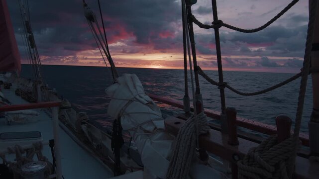 Expeditional sailing vessel moves in the Atlantic Ocean during sunrise