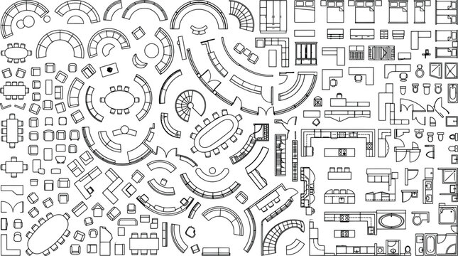 Collection of curved and circular furniture symbols for architectural floor plans, including seating, tables, and kitchen units
