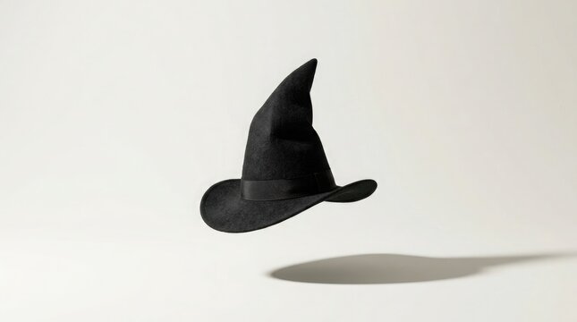A black witch hat floating in the air casting a dark shadow on a light background