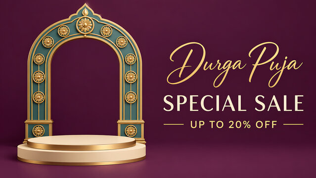 Durga puja mahalaya festive sale background with ornate teal golden arch podium floral motifs and rich purple luxury promotional banner template design