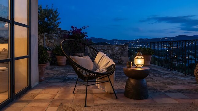 A stylish black acapulco chair on a terrace overlooking city lights at dusk, featuring warm lighting and cozy blanket.