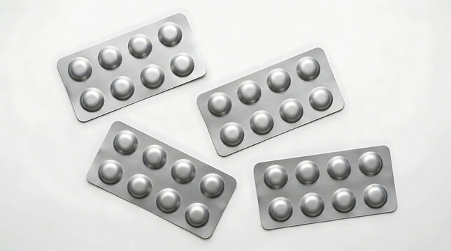 Four blister packs with round white pills for medical treatment.