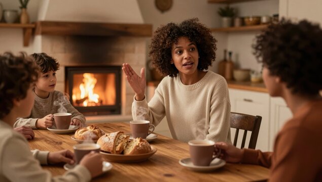 African American mother talking to her young children during breakfast in a cozy modern kitchen with a warm fireplace glowing in the background during a peaceful morning
