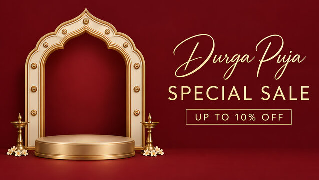 Durga puja mahalaya festive sale background with elegant golden temple arch podium lamps flowers and rich red luxury promotional design banner template