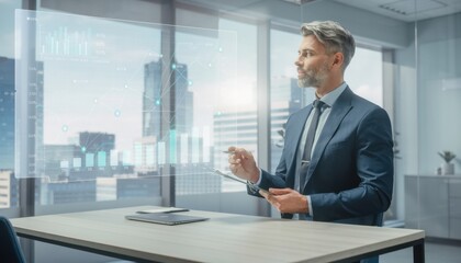 Fototapeta premium Businessman in modern office with digital graphs and city skyline view
