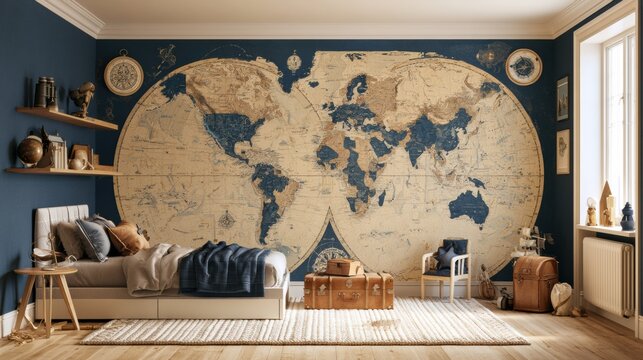 This room features a large illustrated world map on the wall, playful storage, and natural wood flooring.