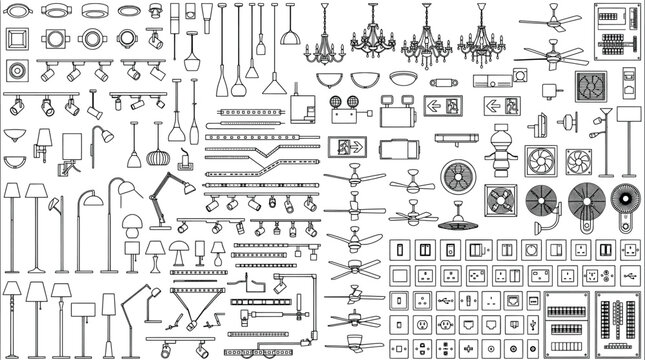 Set of electrical and lighting symbols for floor plans, cad blocks of lamps, fans, switches and sockets isolated on white background