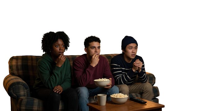 Diverse group of young adult friends sitting on a couch watching a suspenseful movie or sports game with anxious expressions while eating popcorn, isolated on white.