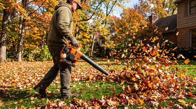 Man using a leaf blower to clear fall leaves in a suburban yard  