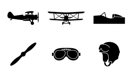 Vintage Biplane Aircraft Icons, Pilot Gear, Propeller, Cockpit Silhouette Set © Rakib