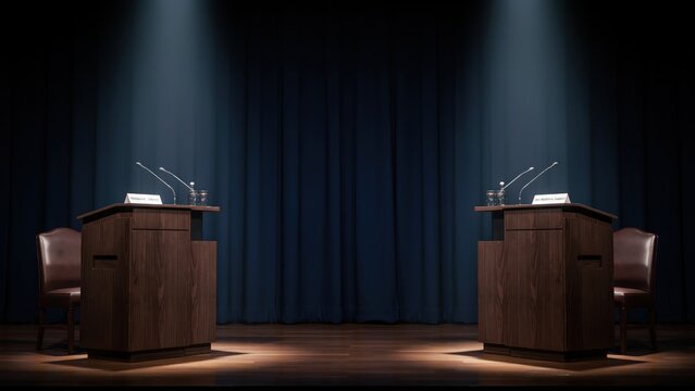Empty wooden debate podiums set for presidential election candidates on stage