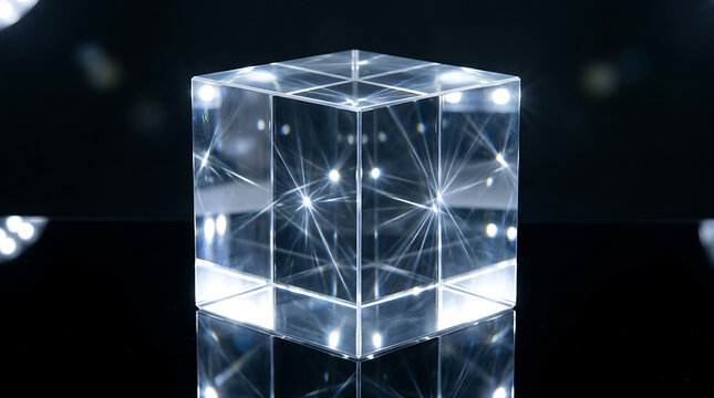 Clear glass cube refracting light beams on a reflective black surface