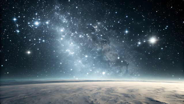 Vast starfield with a glowing milky way galaxy above a dark planetary horizon