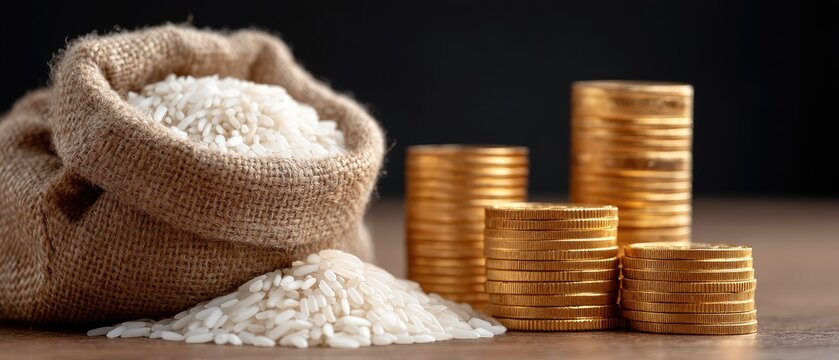 A burlap sack overflows with white rice next to stacks of golden coins on a textured dark surface