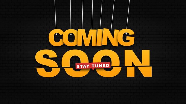 3D Yellow Coming Soon Text with Puppet Strings on Dark Background for Teaser Announcement and Stay Tuned Message