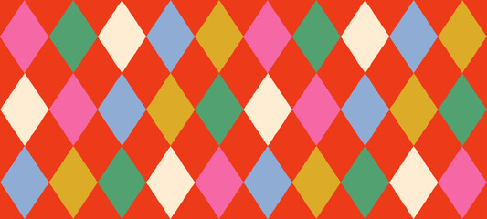 Plakat Diamond harlequin colorful geometric seamless pattern with uneven hand drawn rhombus shapes. Playful retro circus inspired vector background for wrapping paper, fabric, textile and wallpaper