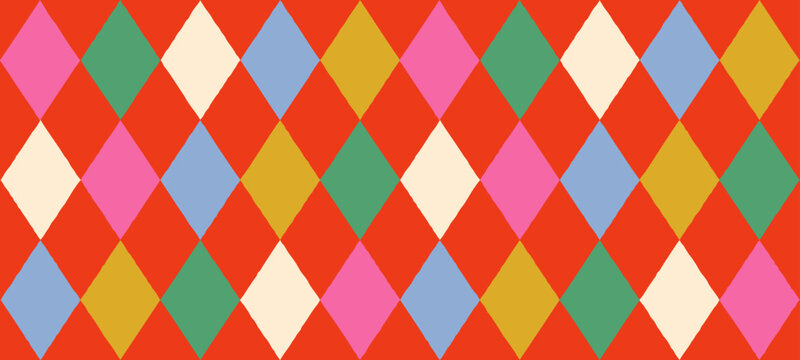Diamond harlequin colorful geometric seamless pattern with uneven hand drawn rhombus shapes. Playful retro circus inspired vector background for wrapping paper, fabric, textile and wallpaper