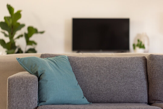 Mid-gray fabric sofa is sitting centered in living room, with teal-blue pillow and blurred TV